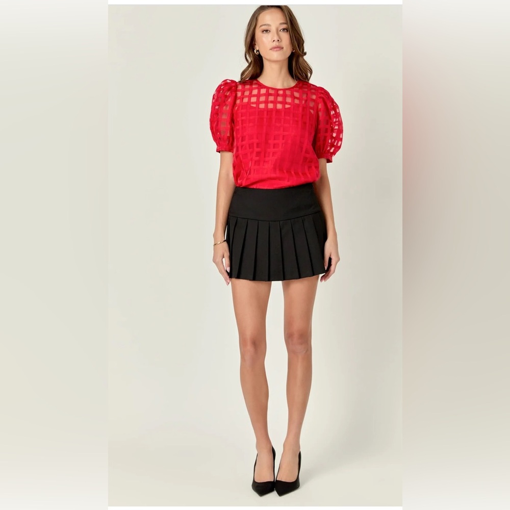 English Factory Plaid Sheer Puff Sleeve Top